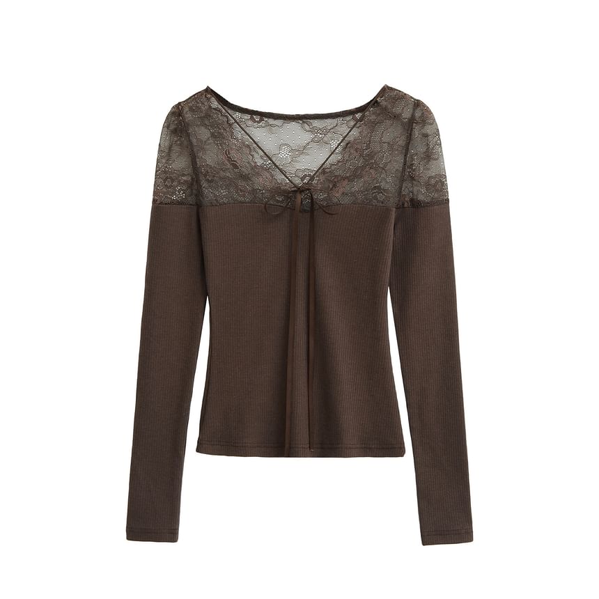 Ribbed Knit Lace Panel V-Neck Top