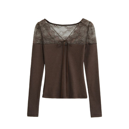 Ribbed Knit Lace Panel V-Neck Top