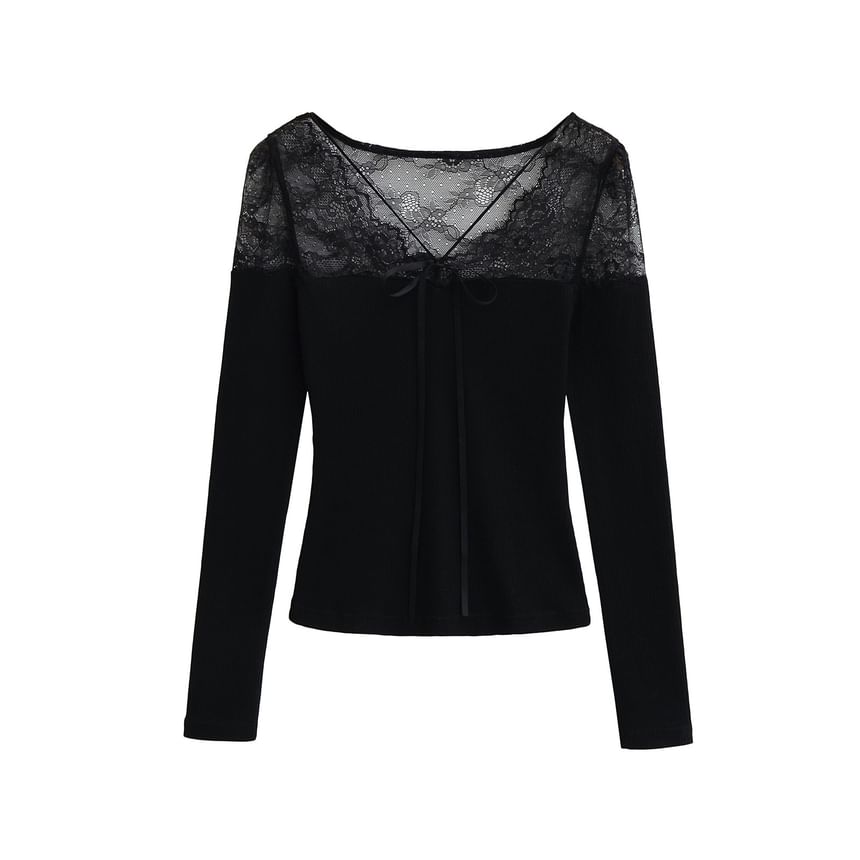 Ribbed Knit Lace Panel V-Neck Top