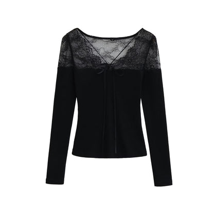 Ribbed Knit Lace Panel V-Neck Top