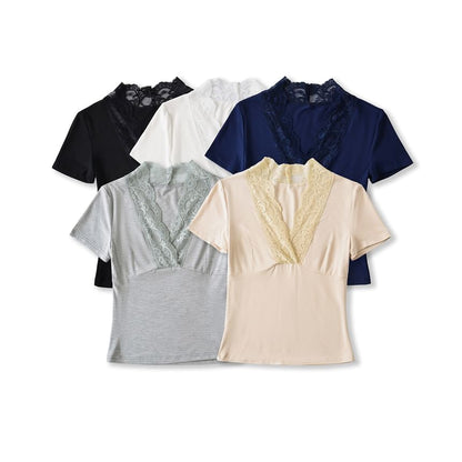 Lace-Trim V-Neck Short-Sleeve Tee