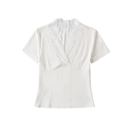 Lace-Trim V-Neck Short-Sleeve Tee