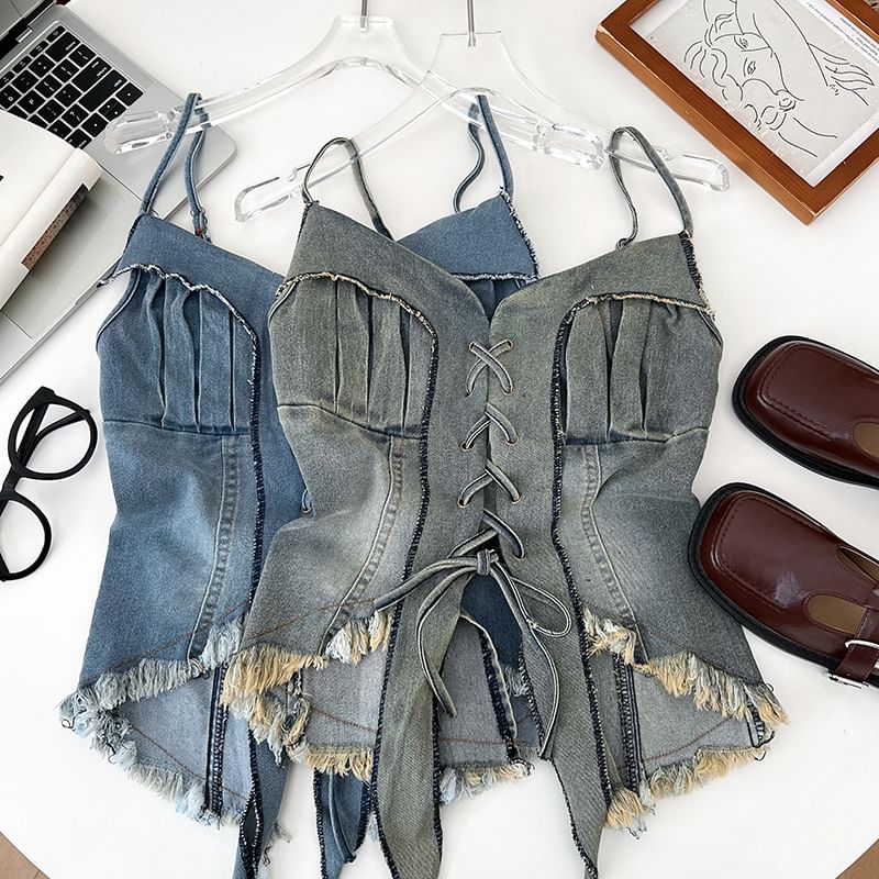 Frayed Denim Lace-Up Camisole - Washed