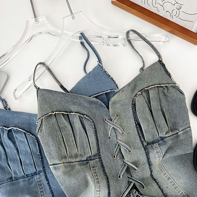 Frayed Denim Lace-Up Camisole - Washed