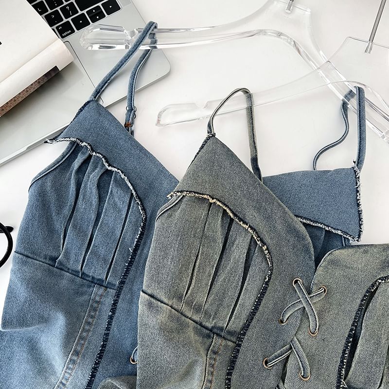 Frayed Denim Lace-Up Camisole - Washed