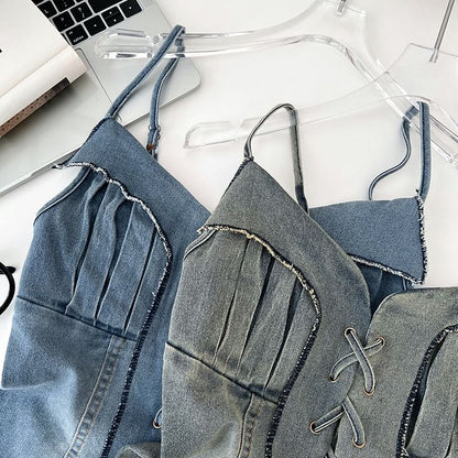 Frayed Denim Lace-Up Camisole - Washed