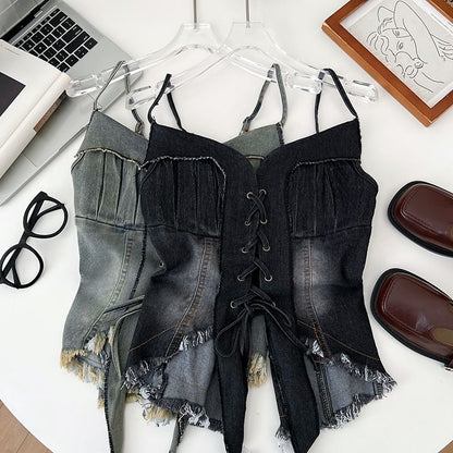 Frayed Denim Lace-Up Camisole - Washed