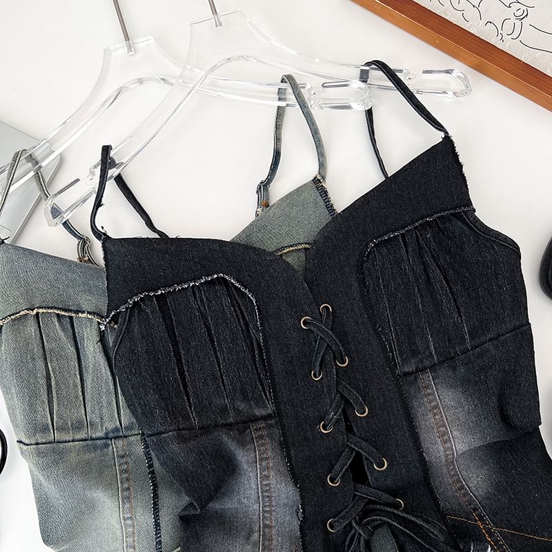 Frayed Denim Lace-Up Camisole - Washed