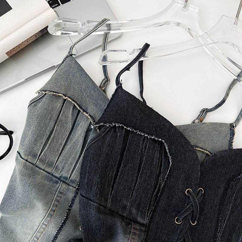 Frayed Denim Lace-Up Camisole - Washed