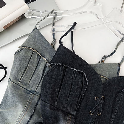 Frayed Denim Lace-Up Camisole - Washed