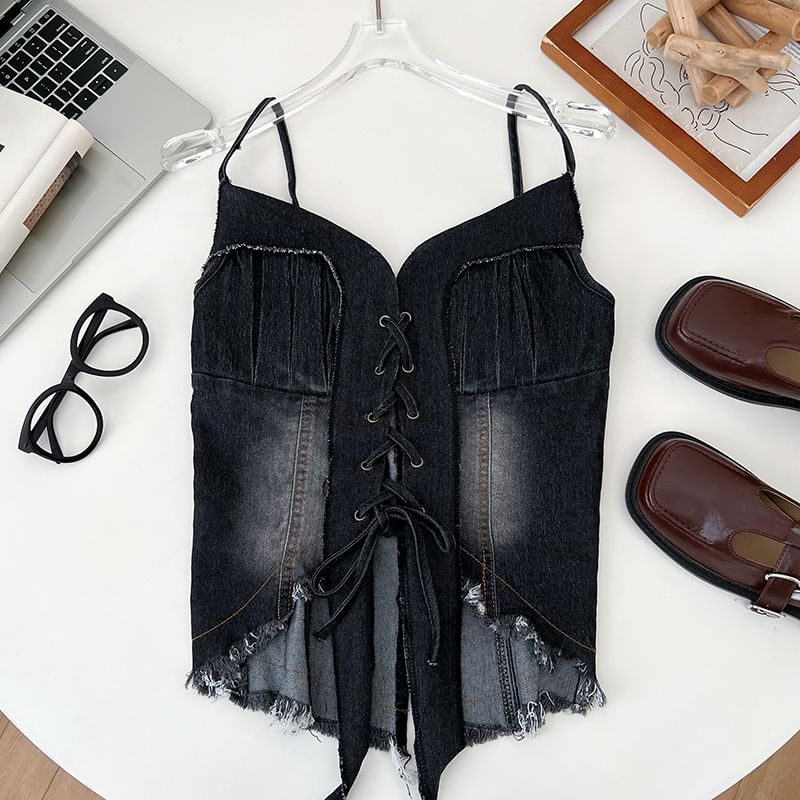 Frayed Denim Lace-Up Camisole - Washed