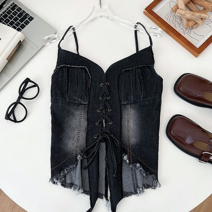 Frayed Denim Lace-Up Camisole - Washed