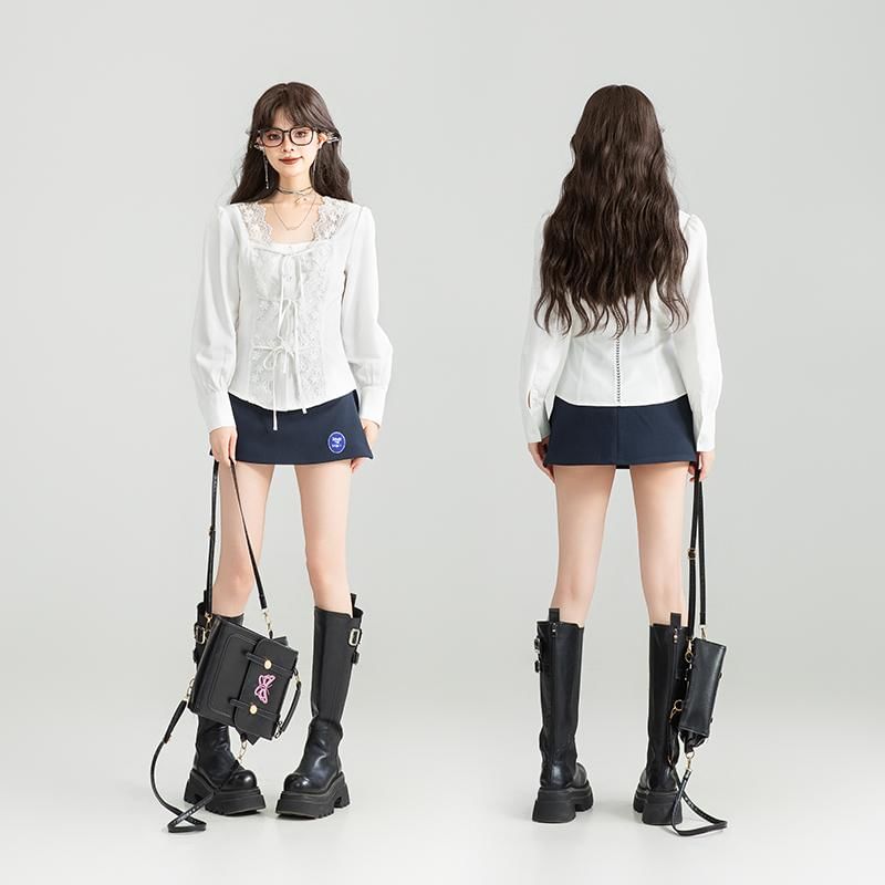 Square Neck Lace Trimmed Long-Sleeved Blouse