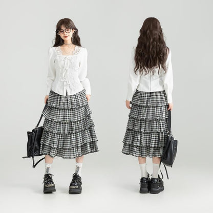 Square Neck Lace Trimmed Long-Sleeved Blouse