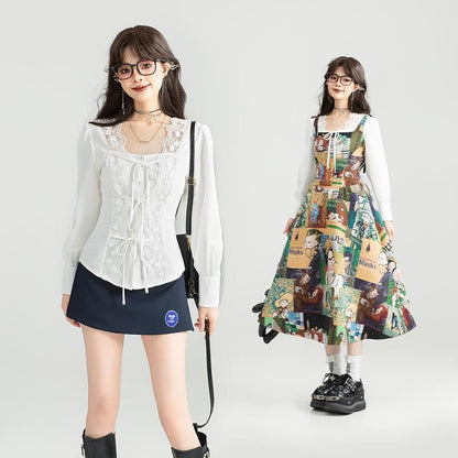 Square Neck Lace Trimmed Long-Sleeved Blouse