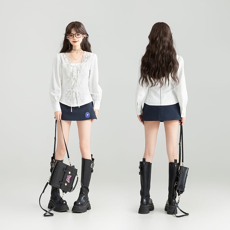 Square Neck Lace Trimmed Long-Sleeved Blouse