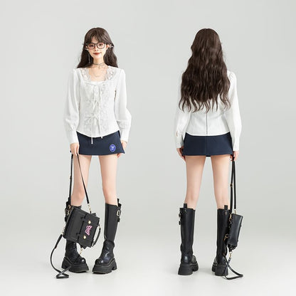 Square Neck Lace Trimmed Long-Sleeved Blouse