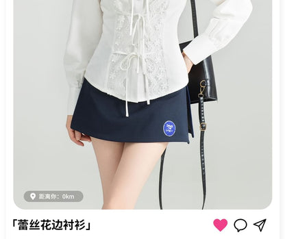 Square Neck Lace Trimmed Long-Sleeved Blouse