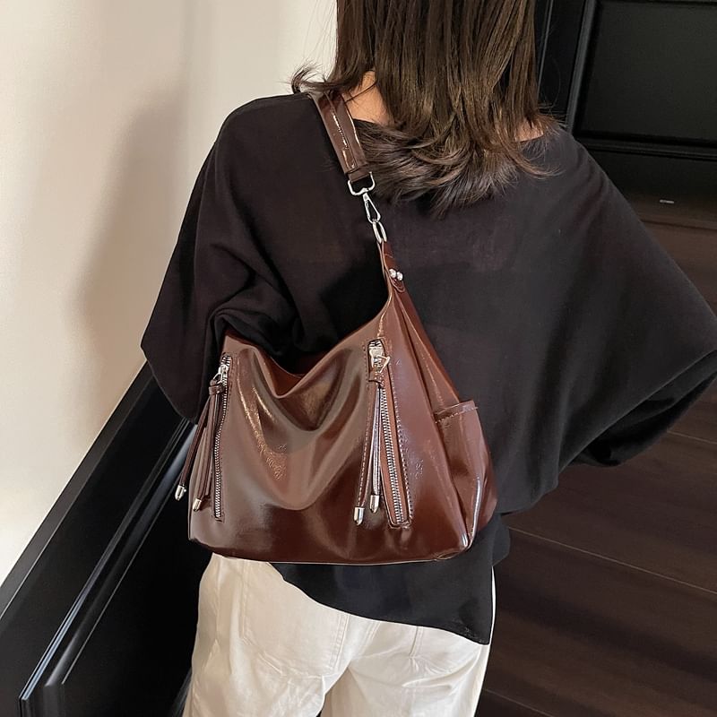 Zip Panel Faux Leather Shoulder Bag