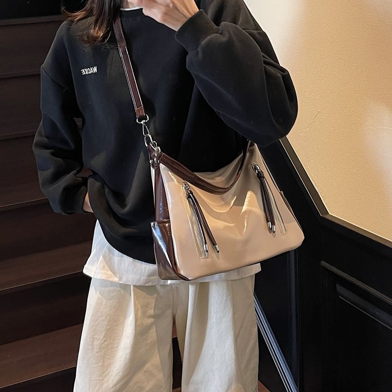 Zip Panel Faux Leather Shoulder Bag