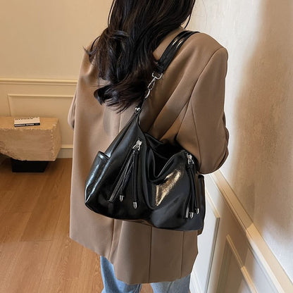Zip Panel Faux Leather Shoulder Bag