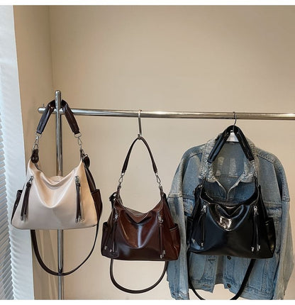 Zip Panel Faux Leather Shoulder Bag