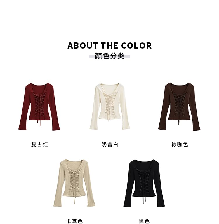 Lace-Up Slim Fit V-Neck Crop Long-Sleeved Tee