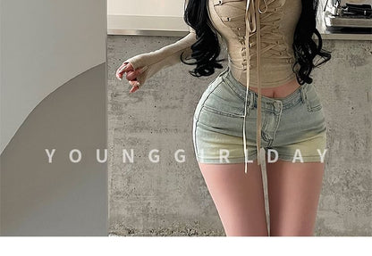 Lace-Up Slim Fit V-Neck Crop Long-Sleeved Tee