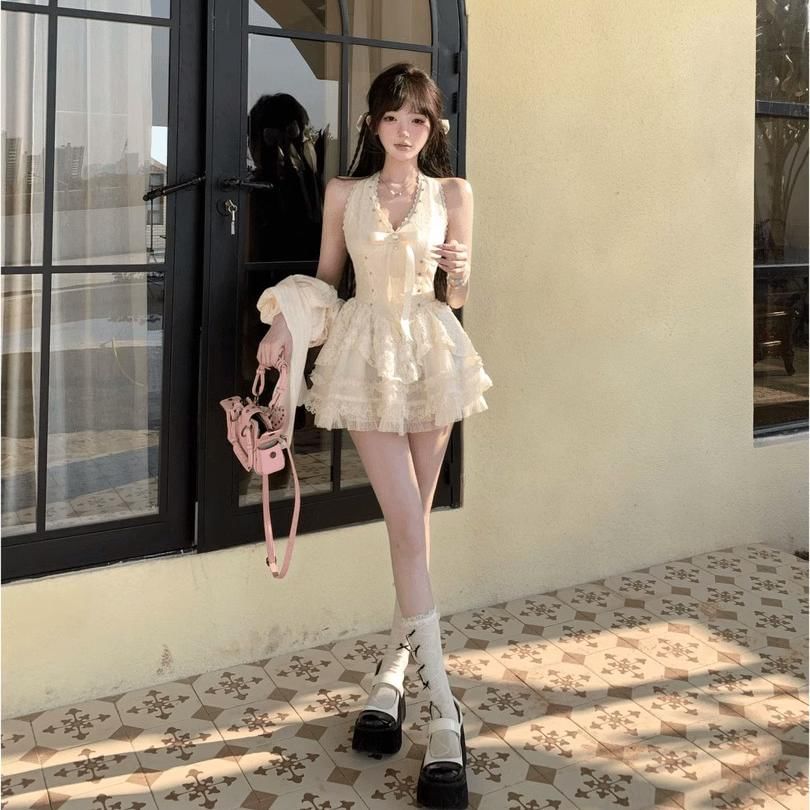 Halter V-Neck Bow Accent Studded Open Back Lace Mini A-Line Dress / Plain Button-Up Crop Cardigan