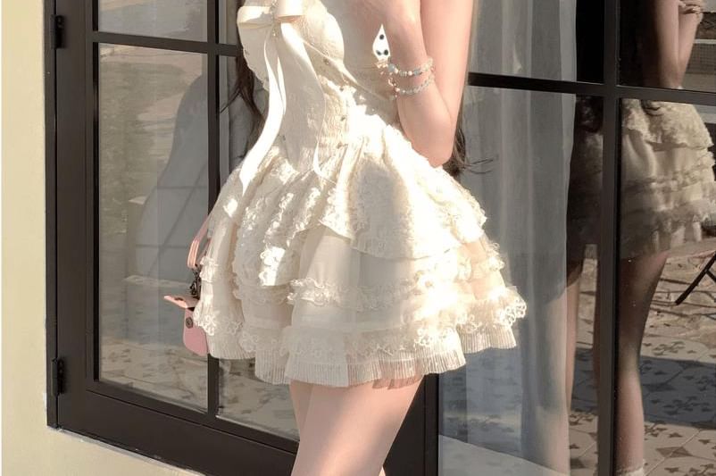 Halter V-Neck Bow Accent Studded Open Back Lace Mini A-Line Dress / Plain Button-Up Crop Cardigan