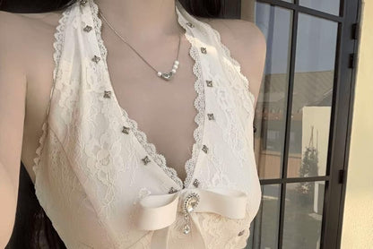 Halter V-Neck Bow Accent Studded Open Back Lace Mini A-Line Dress / Plain Button-Up Crop Cardigan