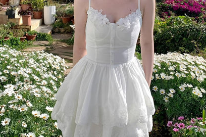 Spaghetti Strap V-Neck Plain Lace Panel Layered Mini A-Line Dress / High Waist Maxi A-Line Skirt