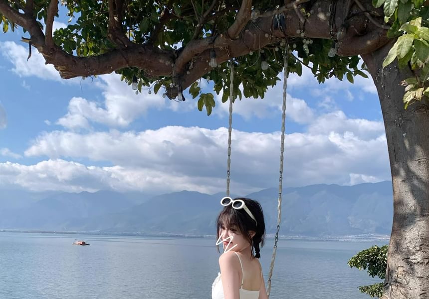 Spaghetti Strap V-Neck Plain Lace Panel Layered Mini A-Line Dress / High Waist Maxi A-Line Skirt