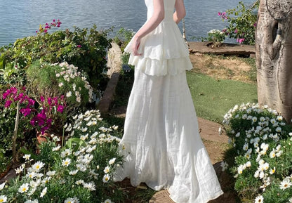 Spaghetti Strap V-Neck Plain Lace Panel Layered Mini A-Line Dress / High Waist Maxi A-Line Skirt