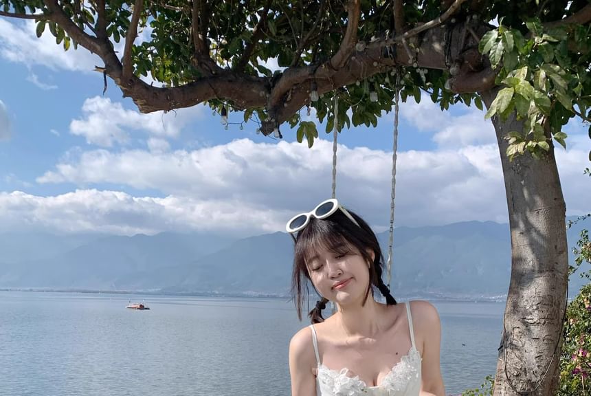 Spaghetti Strap V-Neck Plain Lace Panel Layered Mini A-Line Dress / High Waist Maxi A-Line Skirt