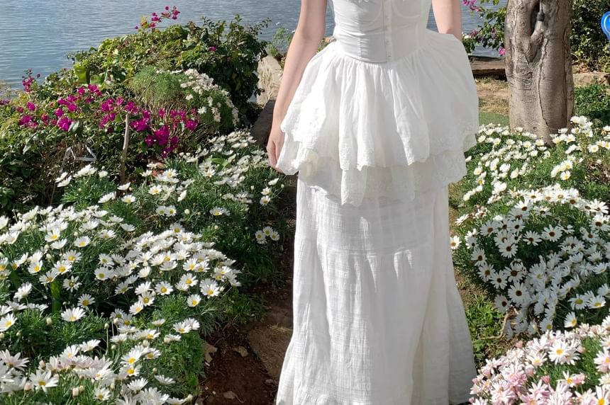 Spaghetti Strap V-Neck Plain Lace Panel Layered Mini A-Line Dress / High Waist Maxi A-Line Skirt