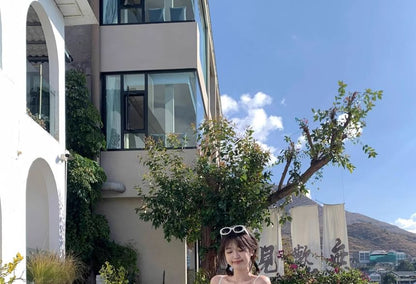 Spaghetti Strap V-Neck Plain Lace Panel Layered Mini A-Line Dress / High Waist Maxi A-Line Skirt