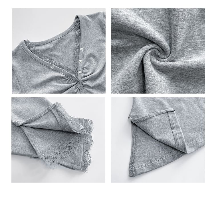 Asymmetric Lace-Trim V-Neck Crop Tee