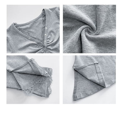 Asymmetric Lace-Trim V-Neck Crop Tee