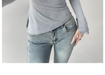 Asymmetric Lace-Trim V-Neck Crop Tee