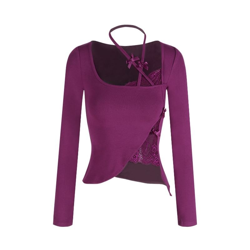 Halter-Neck Lace Panel Asymmetrical Crop Tee
