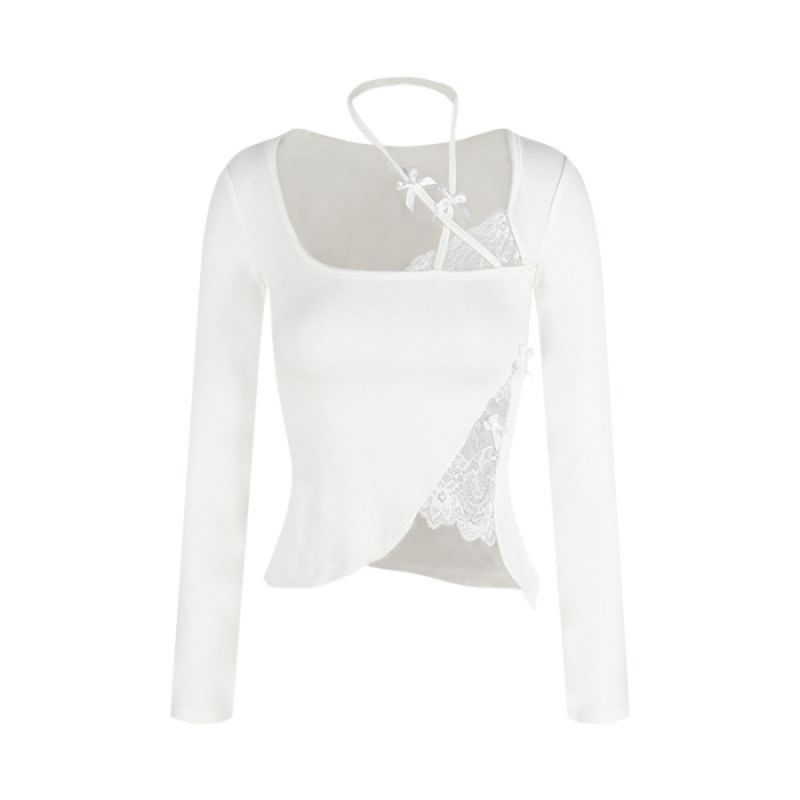 Halter-Neck Lace Panel Asymmetrical Crop Tee