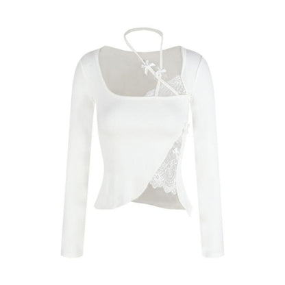 Halter-Neck Lace Panel Asymmetrical Crop Tee