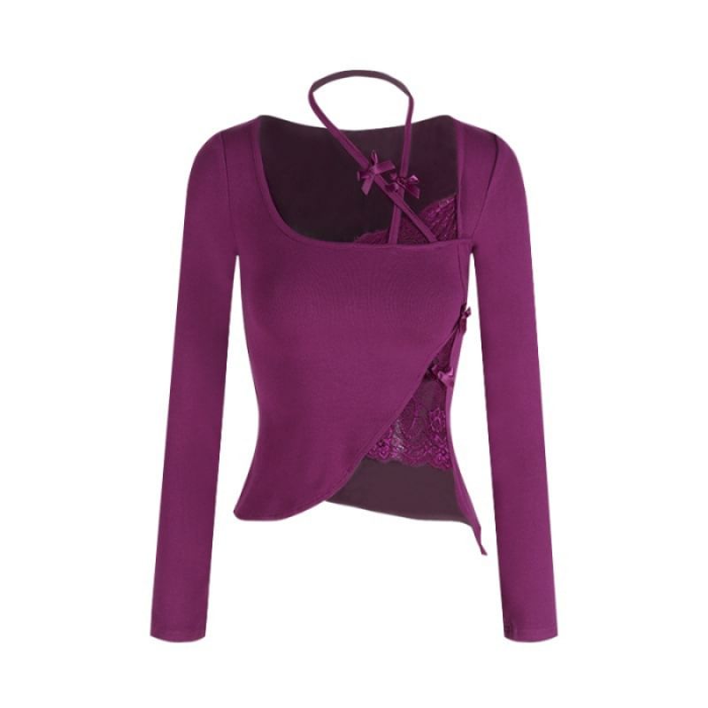 Halter-Neck Lace Panel Asymmetrical Crop Tee