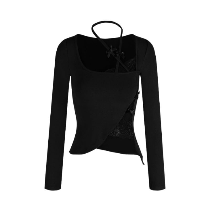 Halter-Neck Lace Panel Asymmetrical Crop Tee