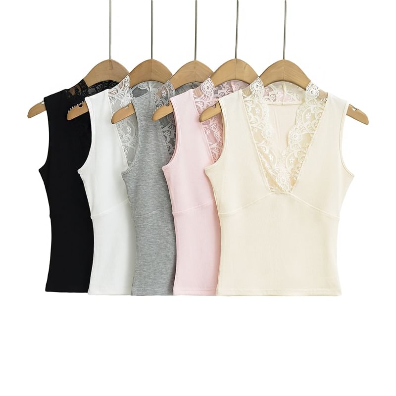V-Neck Lace Trim Sleeveless Crop Top
