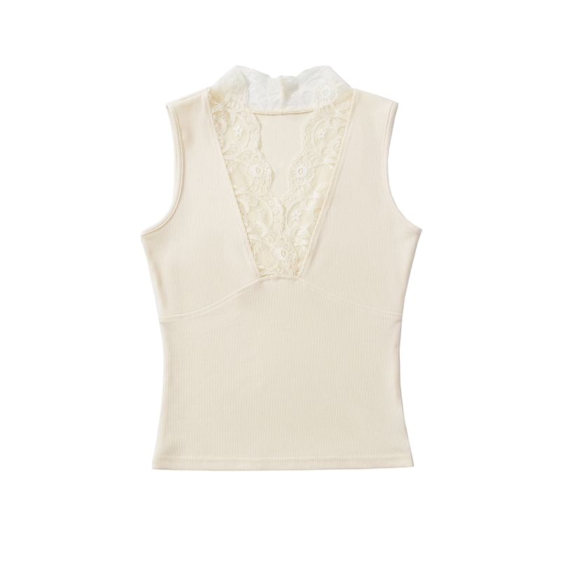 V-Neck Lace Trim Sleeveless Crop Top