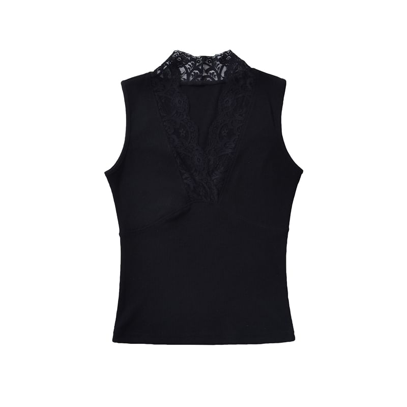 V-Neck Lace Trim Sleeveless Crop Top