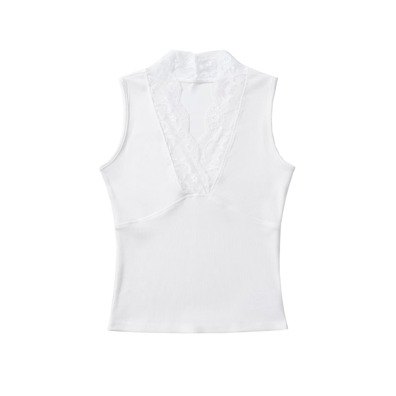 V-Neck Lace Trim Sleeveless Crop Top