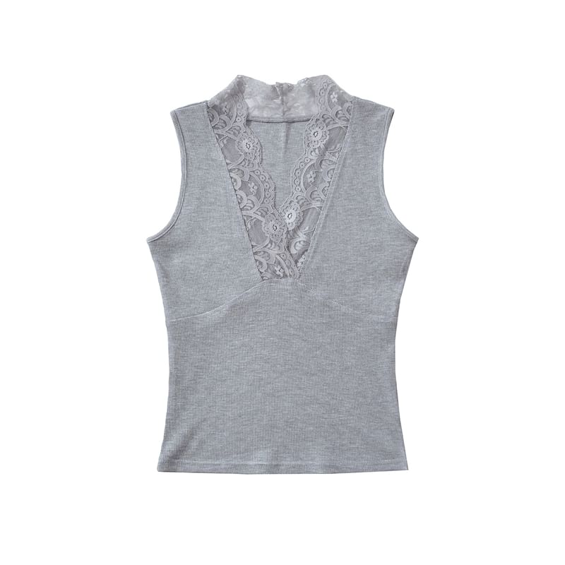 V-Neck Lace Trim Sleeveless Crop Top